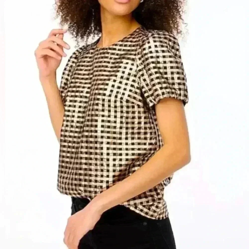 J.Crew Metallic Gold & Black Plaid Puff Sleeve Top Size Medium